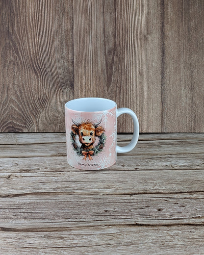 Highland cow xmas wreath - Ceramic White Mug - A & C Creative Concoctions