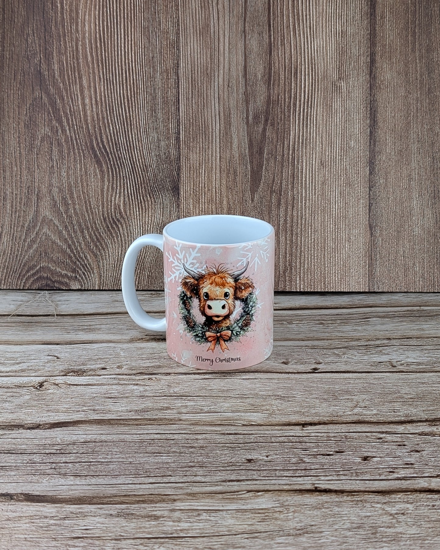Highland cow xmas wreath - Ceramic White Mug - A & C Creative Concoctions