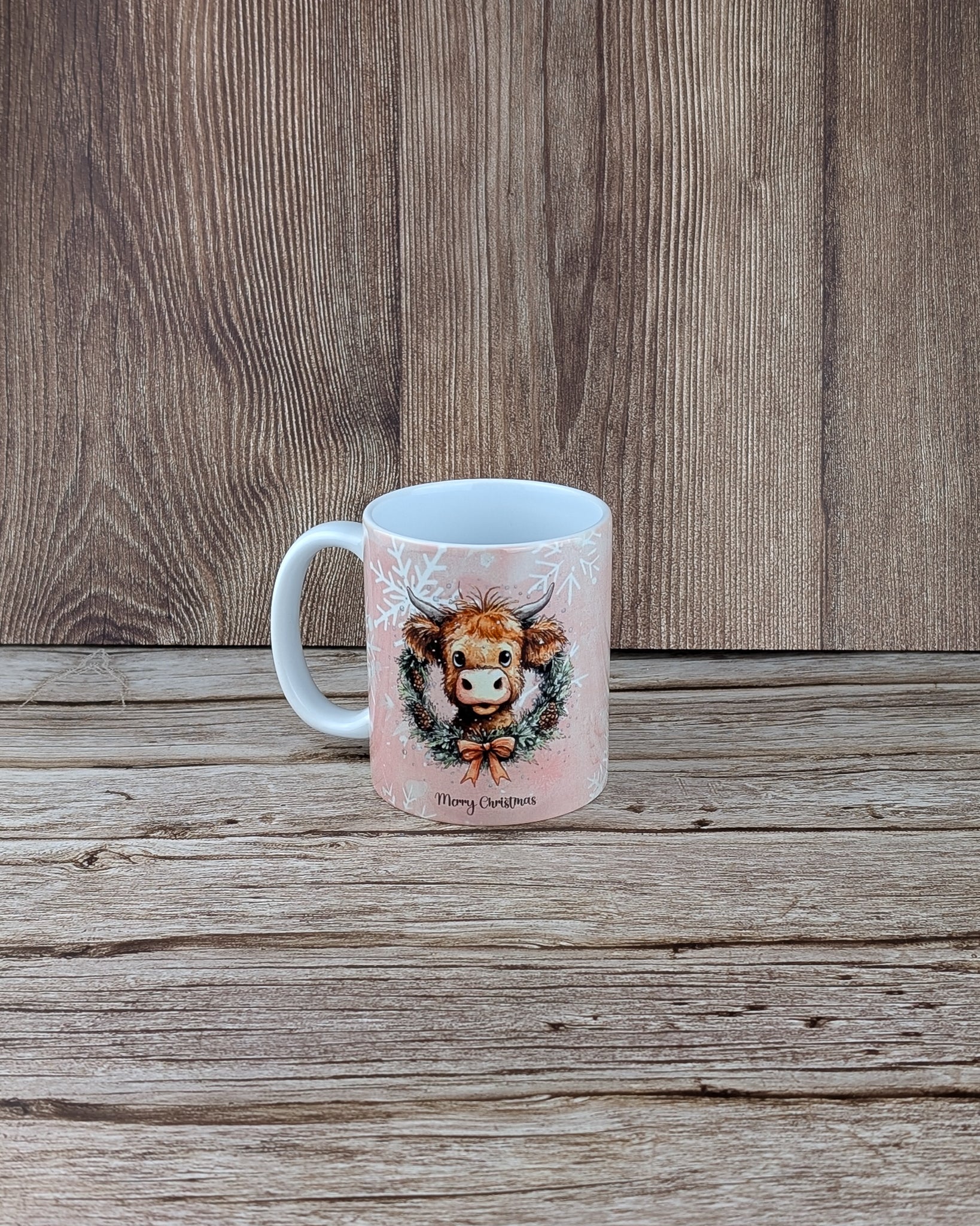 Highland cow xmas wreath - Ceramic White Mug - A & C Creative Concoctions